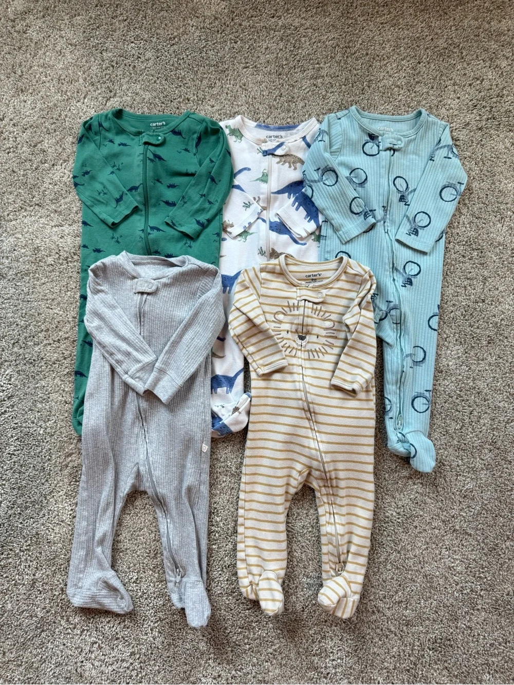 Carter's Baby Sleeper Lot 5  Zip Footed Pajamas Dinosaur Lion Ribbed 9 Months 9M